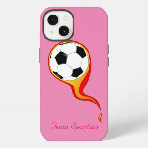 Flaming Soccer Ball on Rose Pink Personalized iPhone 13 Case