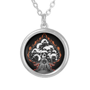 Flaming Spade with Skulls Silver Plated Necklace