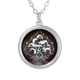 Flaming Spade with Skulls Silver Plated Necklace