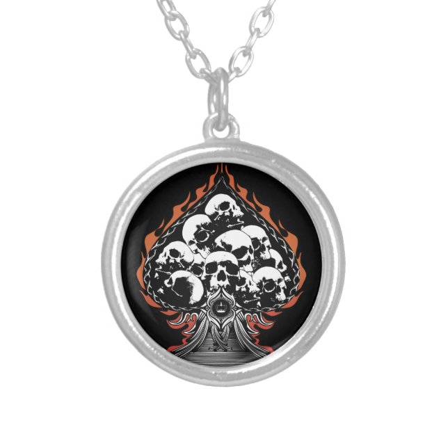 Flaming Spade with Skulls Silver Plated Necklace (Front)