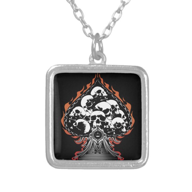 Flaming Spade with Skulls Silver Plated Necklace (Front)
