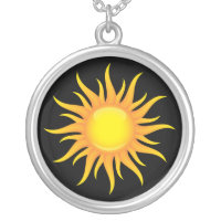 Flaming sun on a black background silver necklace