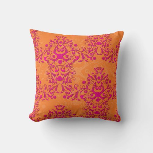 Flaming Tangerine Tango Orange and Pink Damask Throw Pillow