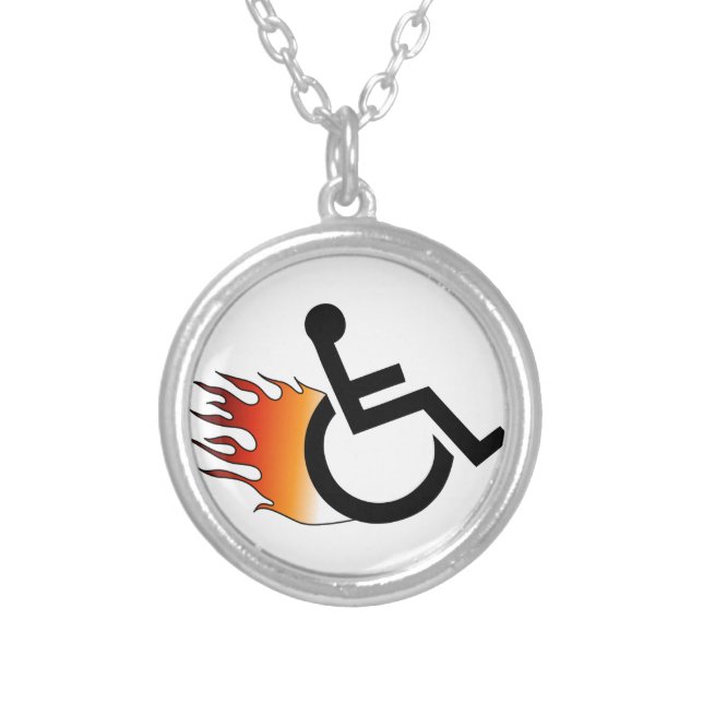Flaming Wheelchair Silver Plated Necklace (Front)