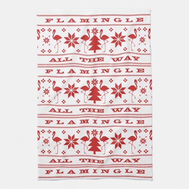 Flamingle all the Way Christmas Sweater Red Kitchen Towel (Vertical)