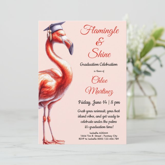 Flamingle & Celebrate! Flamingo Graduation Party  Invitation (Standing Front)