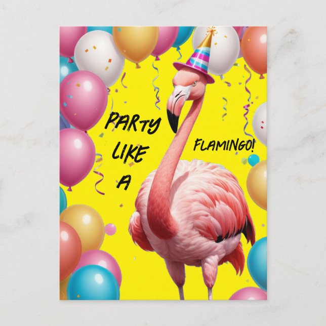 Flamingle & Feast – Funny Flamingo Birthday Surpri Postcard (Front)