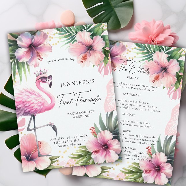 Flamingle Fun Pink Tropical Bachelorette Itinerary Invitation (final flamingle bachelorette party invitation itinerary pink flamingo tropical floral watercolor )