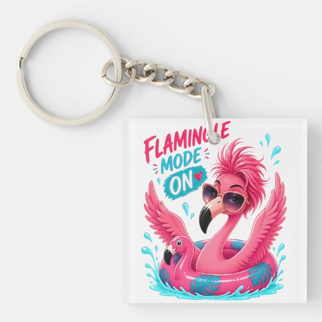 Flamingle Mode On Pink Flamingo Pool Float Summer  Keychain (Front)