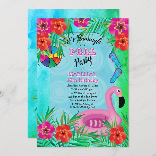 Flamingle Pink Floral 10th Birthday Pool Party Invitation (Front/Back)