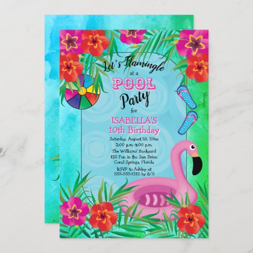 Flamingle Pink Floral 10th Birthday Pool Party Invitation