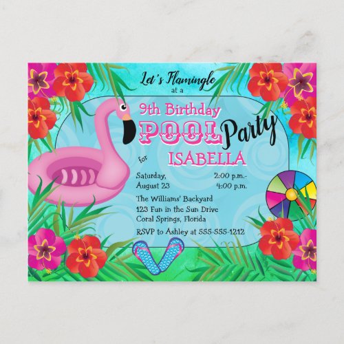 Flamingle Pink Floral 12th Birthday Pool Party Invitation Postcard