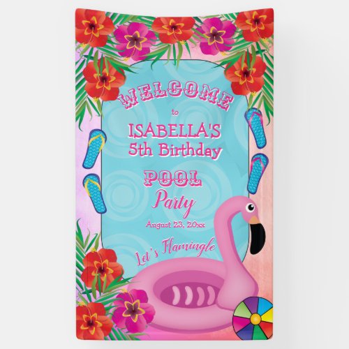 Flamingle Pink Floral 5th Birthday Pool Party Banner