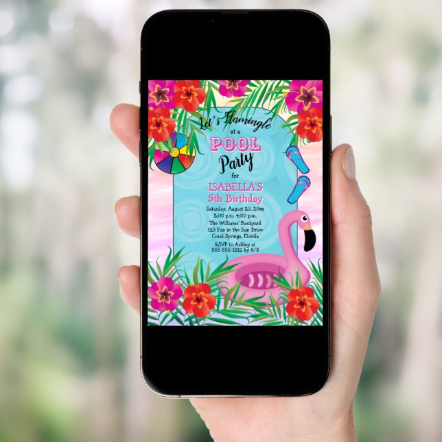 Flamingle Pink Floral 5th Birthday Pool Party Invitation (Front Digital)