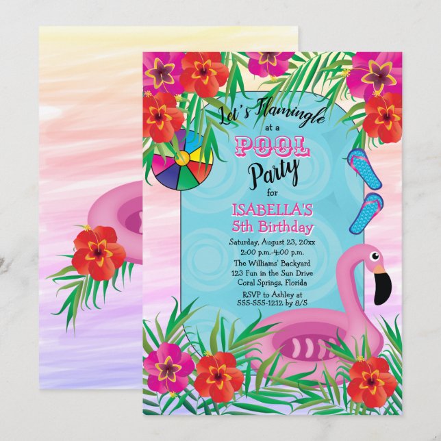 Flamingle Pink Floral 5th Birthday Pool Party Invitation (Front/Back)