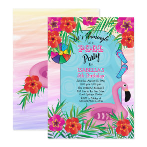 Flamingle Pink Floral 5th Birthday Pool Party Invitation