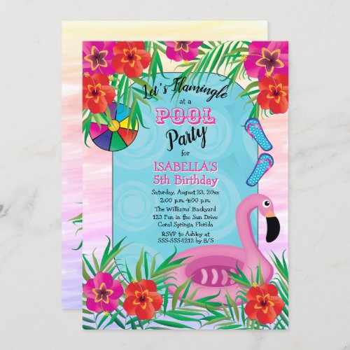 Flamingle Pink Floral 5th Birthday Pool Party Invitation