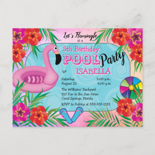 Flamingle Pink Floral 5th Birthday Pool Party Invitation Postcard