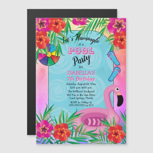 Flamingle Pink Floral 7th Birthday Pool Party Magnetic Invitation
