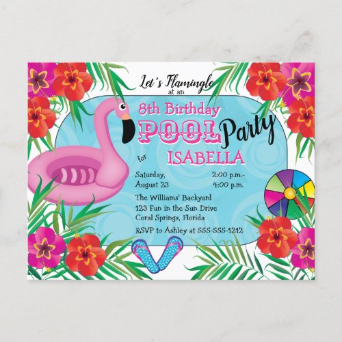 Flamingle Pink Floral 8th Birthday Pool Party Invitation Postcard