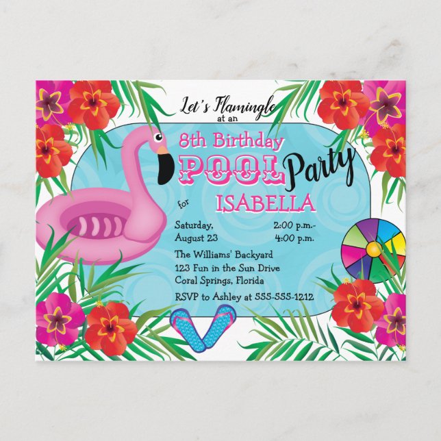 Flamingle Pink Floral 8th Birthday Pool Party Invitation Postcard (Front)