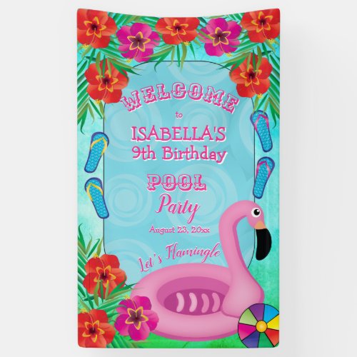 Flamingle Pink Floral 9th Birthday Pool Party Banner