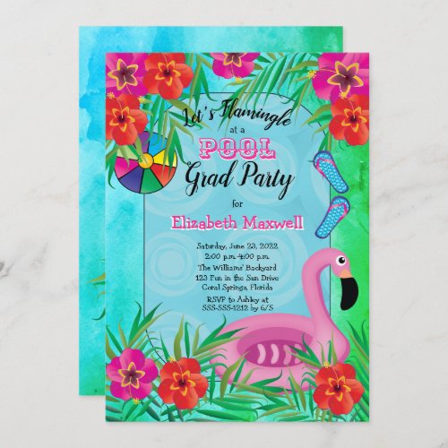 Flamingle Pink Floral Graduation Pool Party Invitation