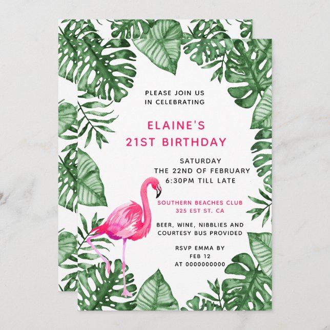 Flamingo 21st Birthday party Invitation (Front/Back)