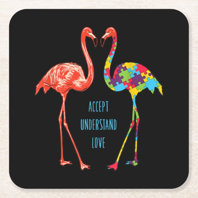 Flamingo | Accept Understand Love Autism Flamingo Square Paper Coaster (Front)