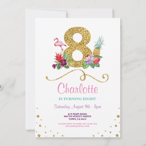 Flamingo Aloha 8th Eight 8 Birthday Party Invite