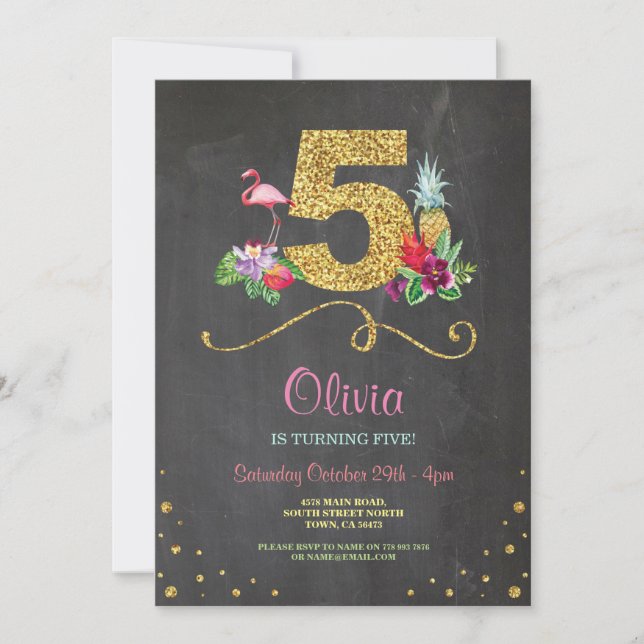 Flamingo Aloha Fifth 5 Birthday Party Chalk Invite (Front)