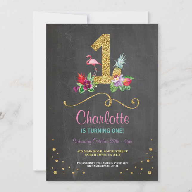 Flamingo Aloha First 1 1st Birthday Party Invite (Front)