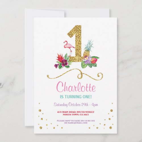 Flamingo Aloha First One Birthday Party Invite