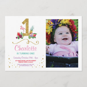 Flamingo Aloha First One Birthday Party Photo Invitation