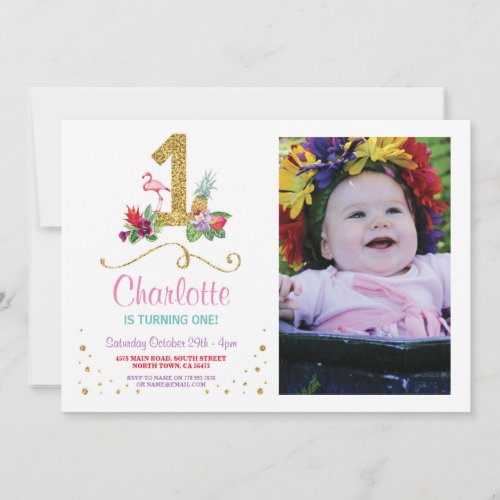 Flamingo Aloha First One Birthday Party Photo Invitation