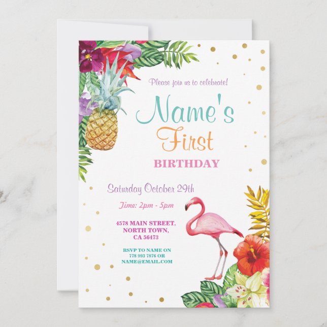 Flamingo Aloha Girl's First Birthday Gold Invitation (Front)