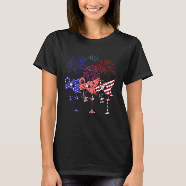 Flamingo American Flag Firework Independence Day T-Shirt (Front)