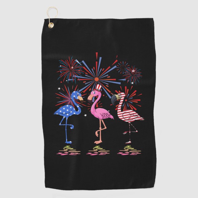 Flamingo American Flag For 4th July Golf Towel (Front)