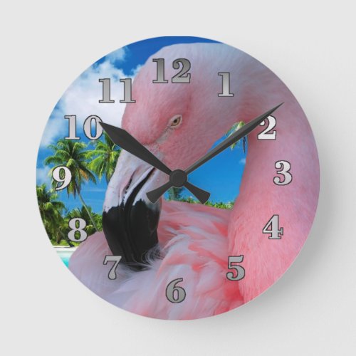 Flamingo and Beach Round Clock