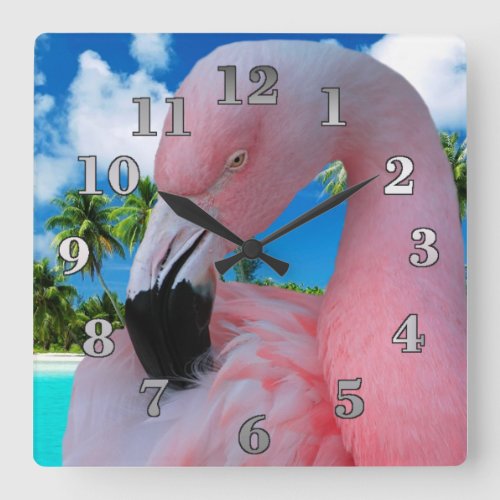 Flamingo and Beach Square Wall Clock