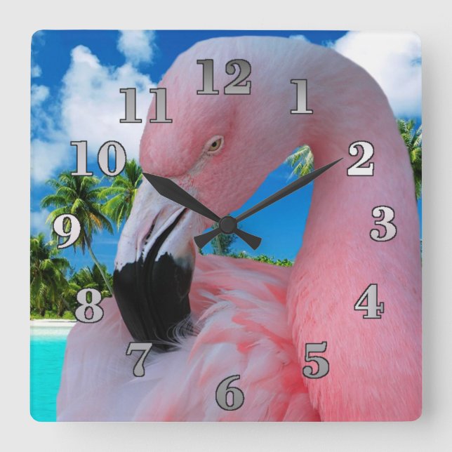 Flamingo and Beach Square Wall Clock (Front)
