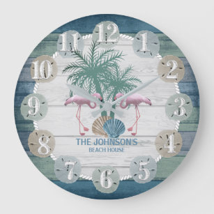 Flamingo and Beach Wood Nautical - Dark Blue Teal Large Clock