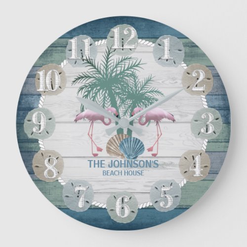 Flamingo and Beach Wood Nautical _ Dark Blue Teal Large Clock