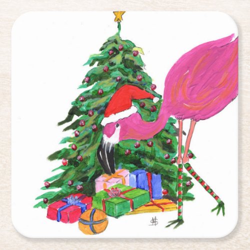 Flamingo and Christmas Tree Square Paper Coaster