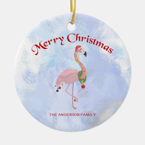 Flamingo And Colorful Christmas Balls Ceramic Ornament