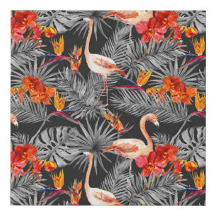 Flamingo and flowers, monochrome pattern. faux canvas print