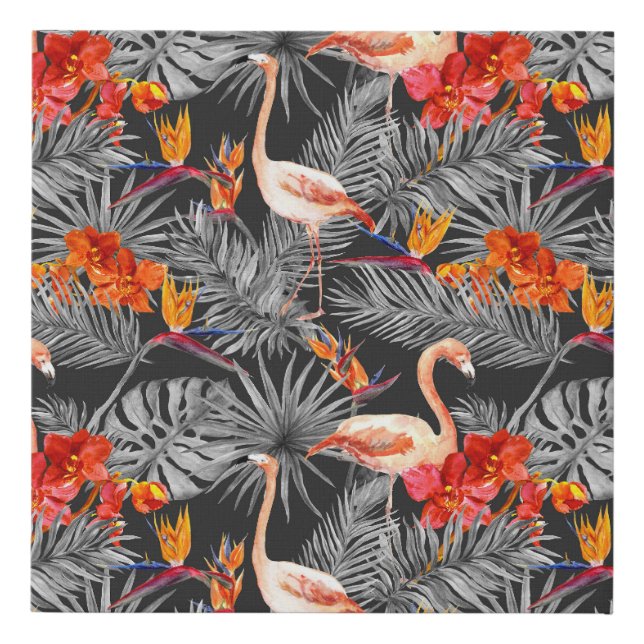Flamingo and flowers, monochrome pattern. faux canvas print (Front)