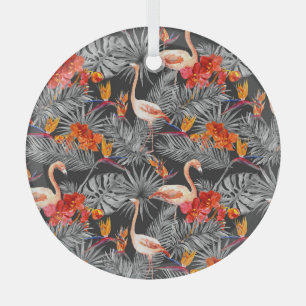 Flamingo and flowers, monochrome pattern. glass ornament