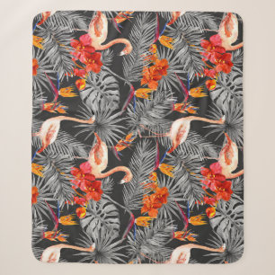Flamingo and flowers, monochrome pattern. sherpa blanket