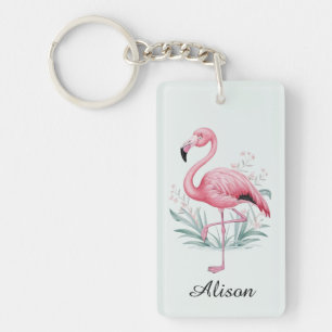 Flamingo and Flowers Personalized Keychain